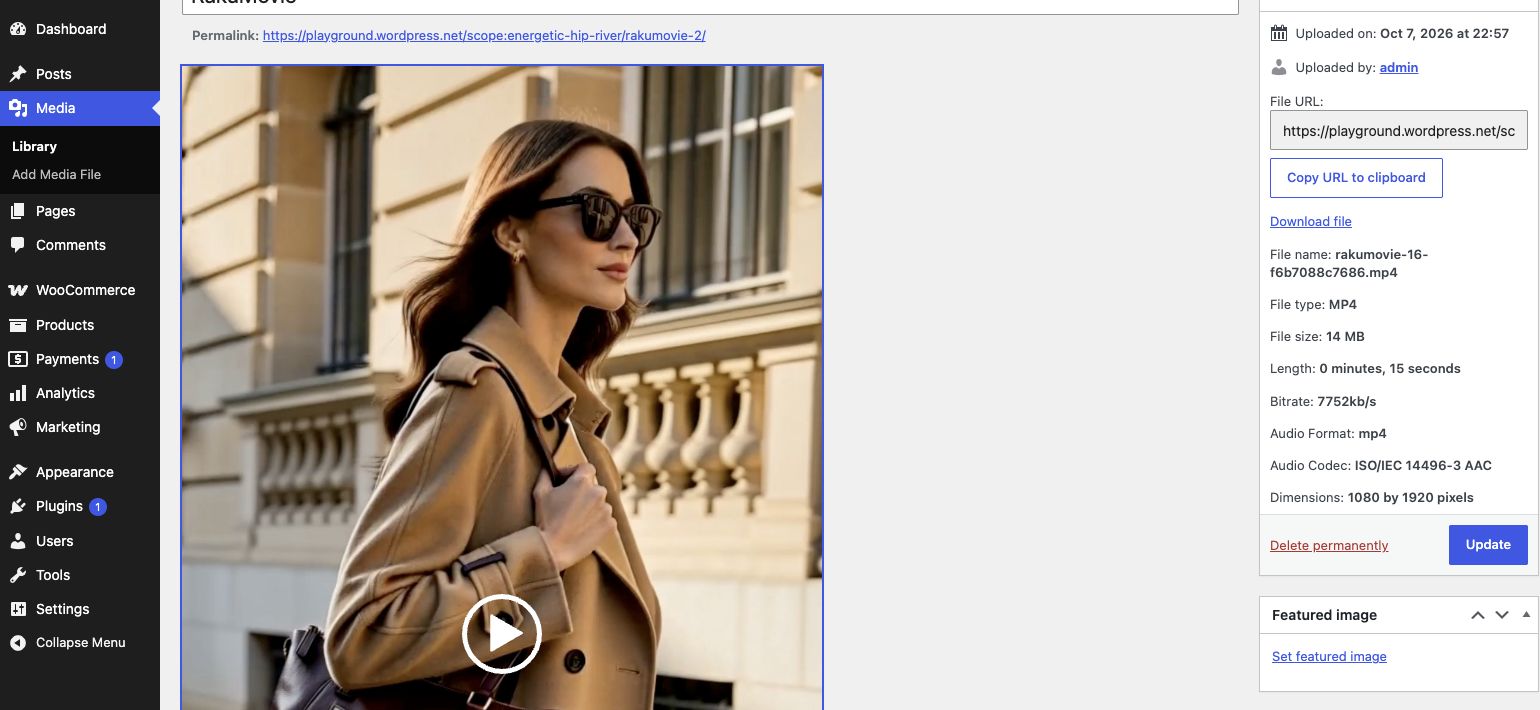 The delivered tote video in the demonstration WordPress Media Library